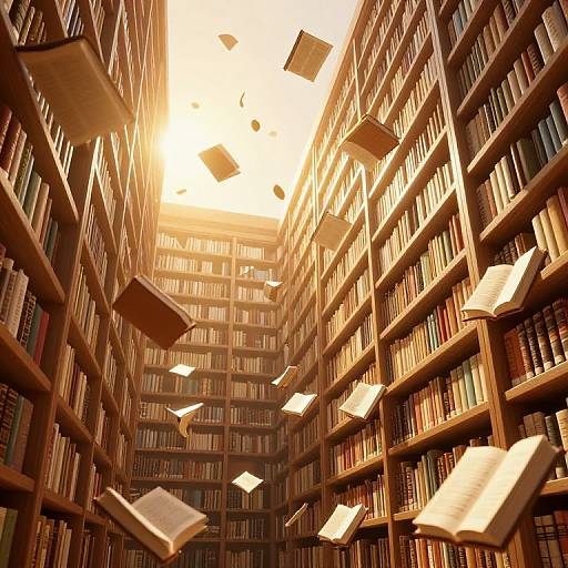 Photograph of a sunlit, grand library with tall wooden bookshelves filled with books, and numerous open books floating mid-air.