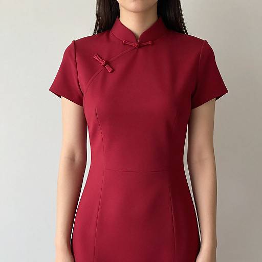 Photograph of a woman with long black hair wearing a short-sleeved, red cheongsam dress with a high collar and small bow details,