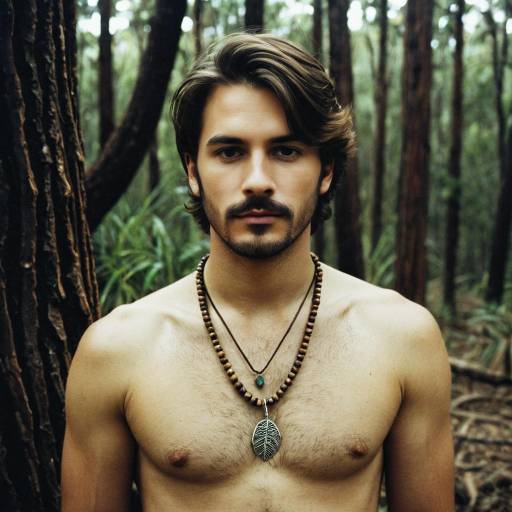 Shirtless man with necklace in forest