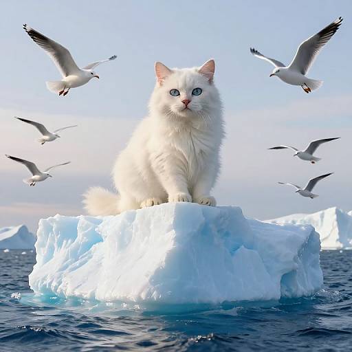 Photograph of a white cat with blue eyes sitting on an ice floe, surrounded by flying seagulls in a bright, clear blue sky and
