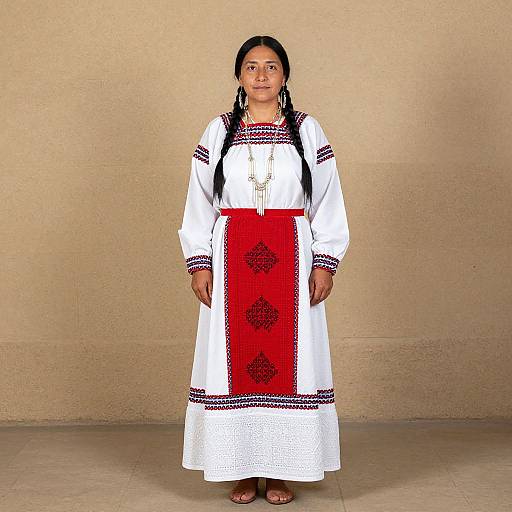 Photograph of a young woman with medium brown skin, black hair in braids, wearing a white traditional dress with red and black patterns, standing against