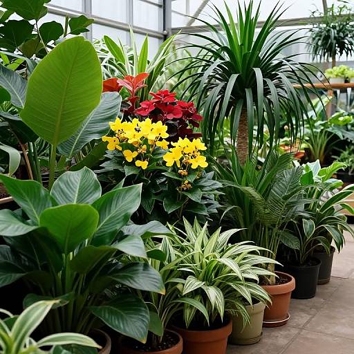 Photograph of a lush greenhouse with potted plants, featuring large green leaves, vibrant yellow and red flowers, and spiky green plants on tiled floor