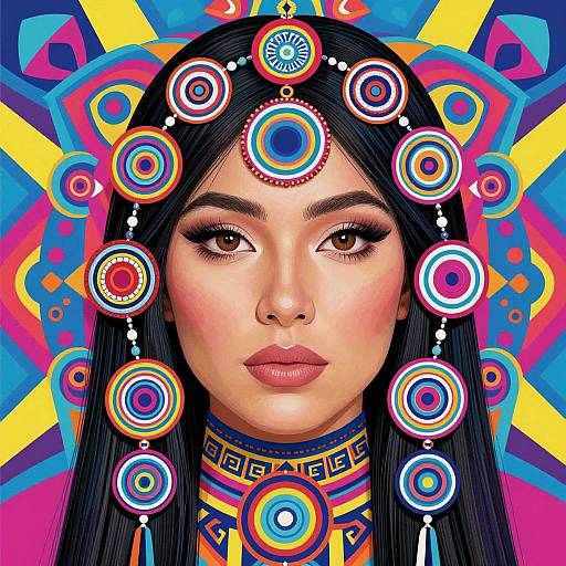 Digital portrait of an East Asian woman with long black hair, wearing colorful circular headpieces and a vibrant, geometric-patterned collar, set against a radiant
