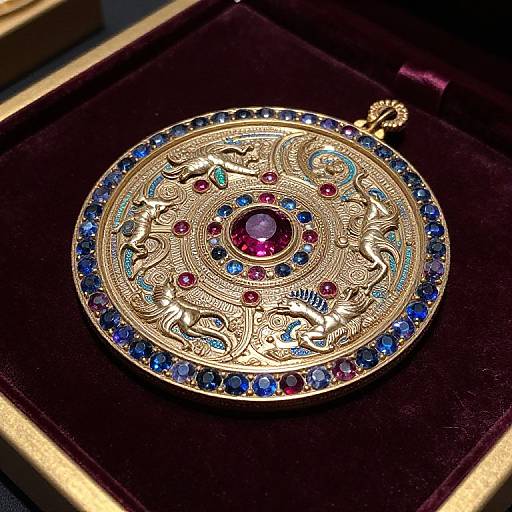 Photograph of an ornate, circular, gold brooch with intricate designs, blue and red gemstones, and a central purple gemstone, set