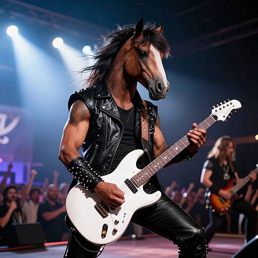 Photograph of a muscular man in a horse mask, black leather vest, and pants, playing a white electric guitar on stage. Bright stage lights and