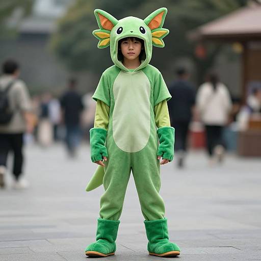 Photograph of a young boy in a green dragon costume with orange ears and tail, standing in a blurred city street.