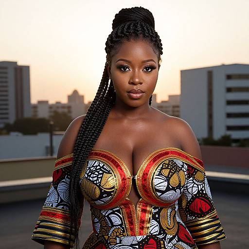 Photograph of a confident, dark-skinned woman with long braids, wearing an elaborate, colorful, off-shoulder dress with gold and red