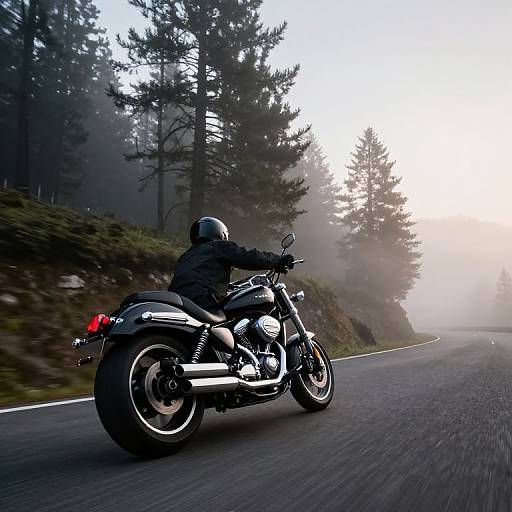 Photograph of a rider in black gear on a black motorcycle speeding down a misty, forested road, sunlight filtering through trees.