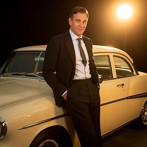 Photograph of a middle-aged man in a black suit and white shirt, standing casually by a vintage cream-colored car under a bright street lamp at night