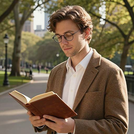 Photograph of a young man with wavy brown hair, wearing round glasses, a brown blazer, and white shirt, reading a book in a