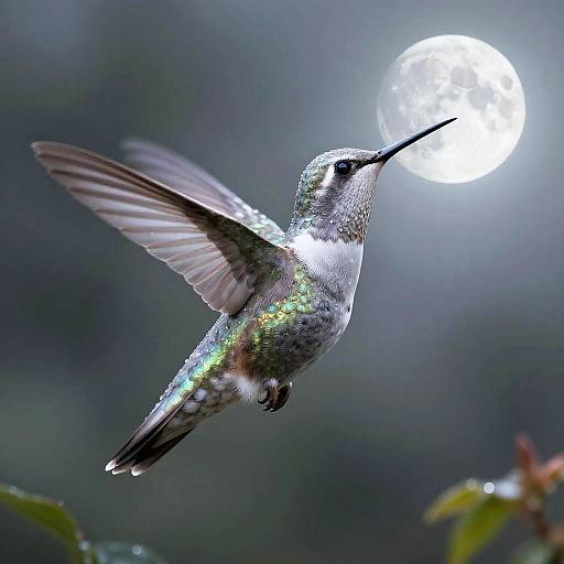 Photograph of a iridescent hummingbird with green and silver feathers, hovering mid-flight against a bright full moon in a dark, blurred forest background