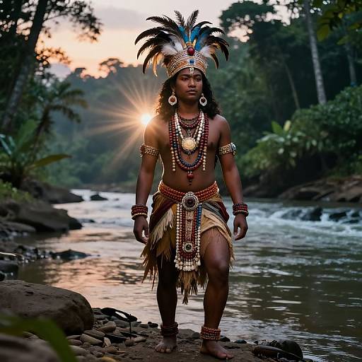 Photograph of a muscular, dark-skinned Indigenous man in elaborate tribal attire, including a feathered headdress, beaded necklaces, and lo