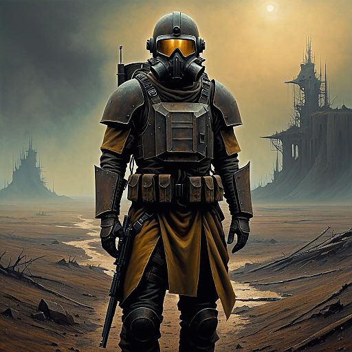 Lone Wanderer in Post-Apocalyptic Landscape Lone Wanderer in Post-Apocalyptic Landscape
