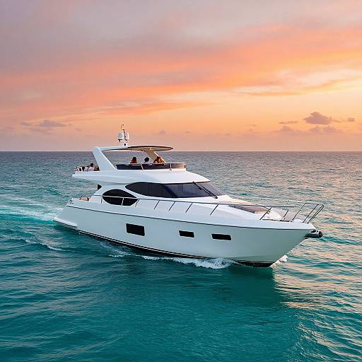 Photograph of a sleek white yacht cruising on turquoise ocean waters during a vibrant sunset, with pink and orange sky.