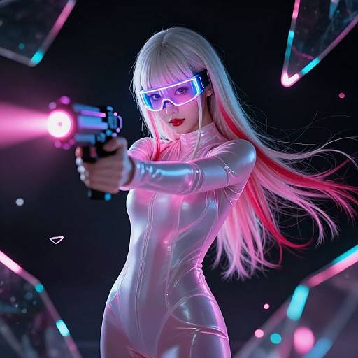 Digital CGI of a blonde woman in a shiny, form-fitting white suit, aiming a neon-lit gun with futuristic pink goggles, set against a
