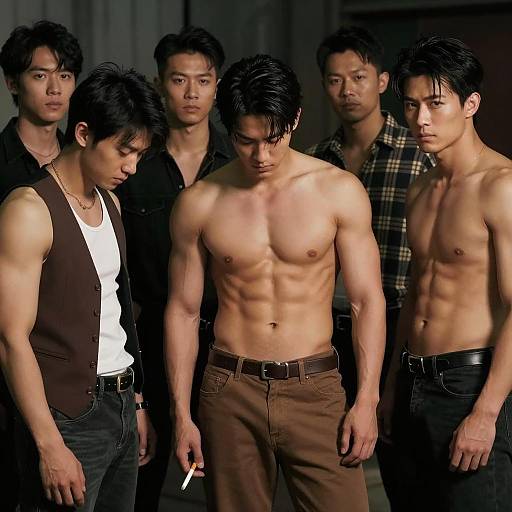 Muscular Men in Dimly Lit Setting