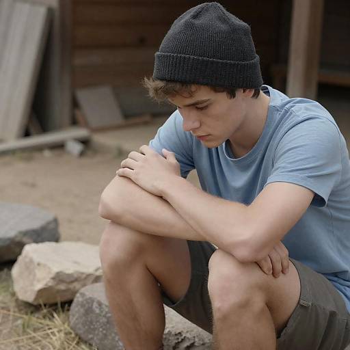 Youthful Contemplation in Rustic Outdoor Setting