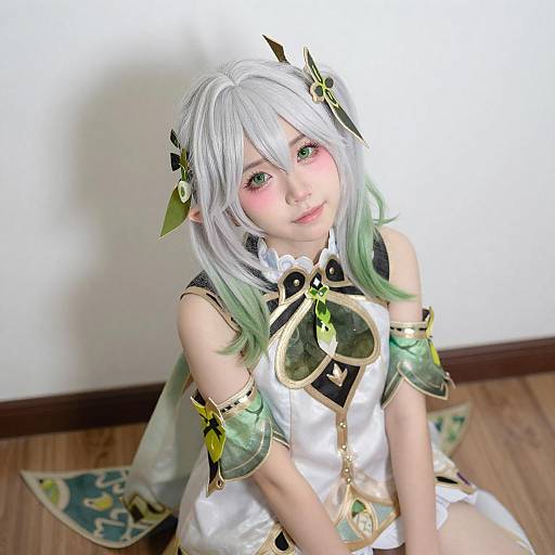 Young Woman in Fantasy Green-White Outfit