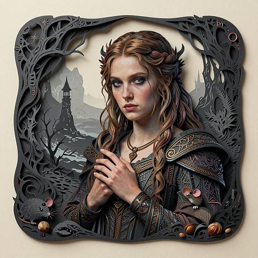Digital fantasy art of a fair-skinned, brown-haired woman in ornate black armor, clasping hands, with a gothic castle backdrop and intricate