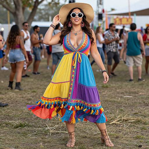 Photograph of a woman in a vibrant, multi-colored, V-neck dress with rainbow trim, straw hat, sunglasses, and sandals, standing outdoors at