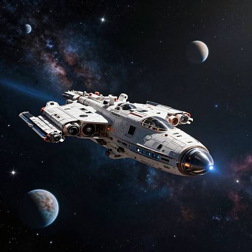 Photorealistic digital artwork of a white, detailed Star Wars X-wing spaceship flying through a starry, cosmic space with three planets.