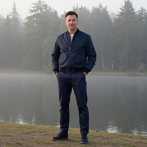 Photograph of a smiling man with short dark hair, wearing a black jacket and pants, standing by a misty lake with trees in the background.