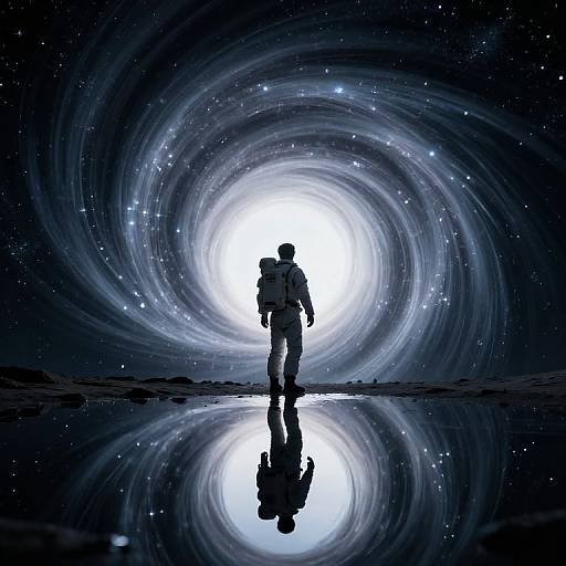 Silhouetted astronaut stands on reflective surface, gazing into swirling, starry galaxy vortex, with radiant white core in digital art.