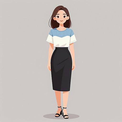 Digital illustration of a smiling woman with fair skin, brown hair, wearing a white and blue top, black pencil skirt, and black sandals, standing against