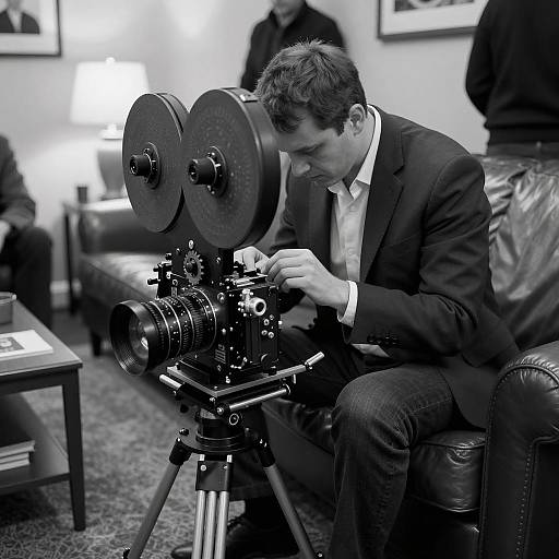 Man Operating Vintage Film Camera Indoors