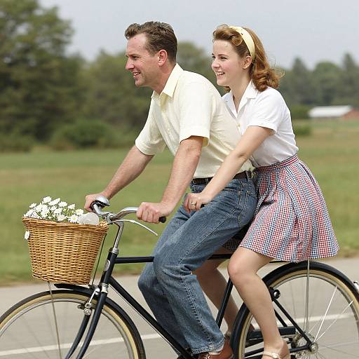 1950s Happy Couple Riding Tandem Bike