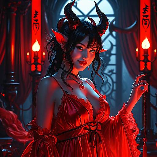 Digital artwork of a seductive demon woman with black hair, red horns, and glowing red eyes, wearing a red lace dress, holding a chain,
