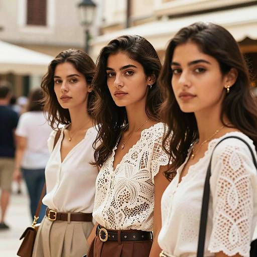 Photograph of three young women with dark hair, wearing white lace tops and brown belts, standing in a sunlit urban street.