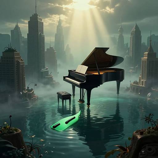 Digital artwork: A grand piano with an open lid, floating on a reflective, misty urban lake, surrounded by foggy skyscrapers at sunrise