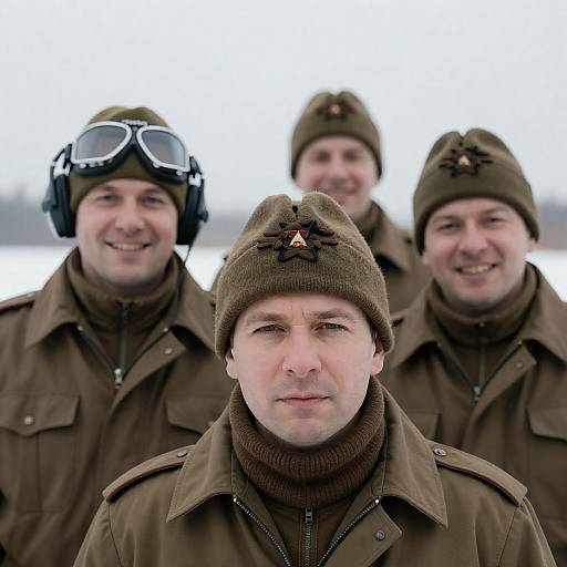 Winter Portrait of Four Men in Uniforms