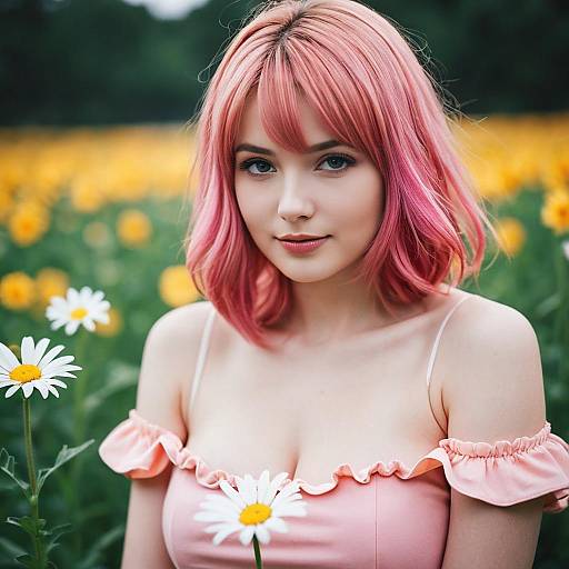 Woman with Pink Hair in Daisy Field
