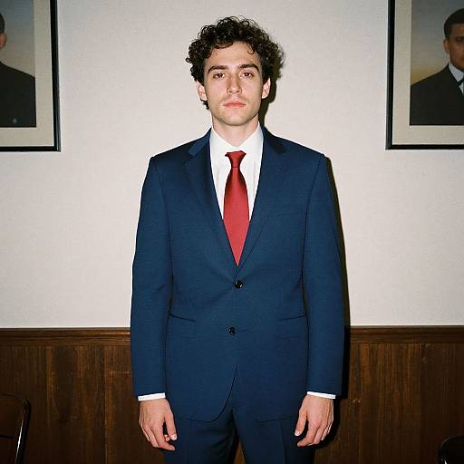 Photograph of a young man with curly dark hair, wearing a black suit, white shirt, and red tie, standing against a white wall with two