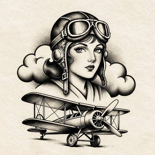Vintage Aviator Woman Tattoo Flash