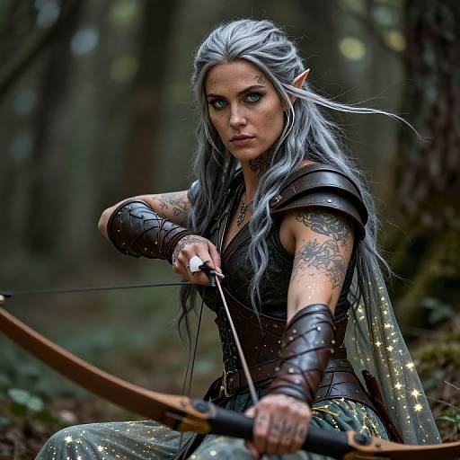 Digital fantasy artwork: Elven archer with silver hair, pointed ears, black armor, tattoos, and star-adorned cape, drawing a bow