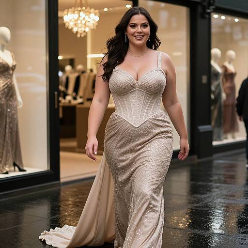Photograph of a smiling, curvy, dark-haired woman in a shimmering, form-fitting, beige evening gown with a deep neckline, walking