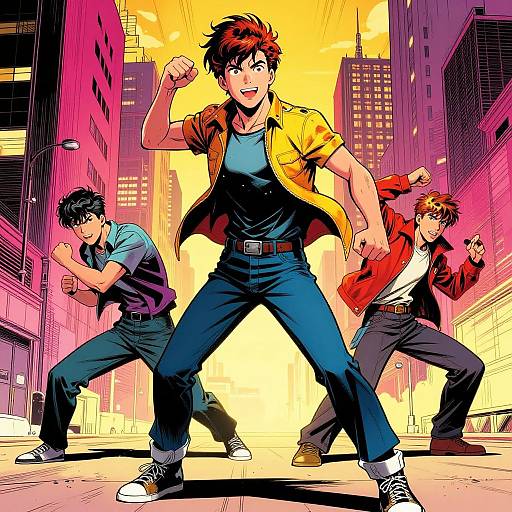 Digital anime-style illustration of three young men in a neon-lit city street, striking dynamic martial arts poses with vibrant yellow, pink, and red background