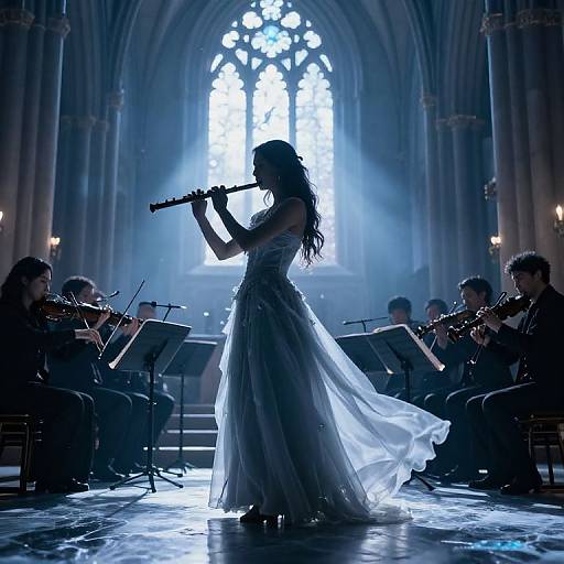 Photograph of a silhouetted woman in a flowing gown singing into a microphone, surrounded by musicians, in a dimly lit, grand cathedral