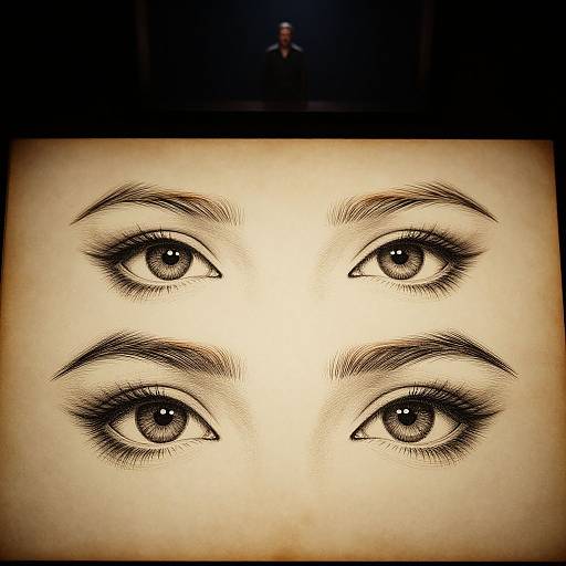 Close-up photograph of detailed black inked eyes with pronounced eyebrows, centered on a white paper background, with a blurred dark figure in the background above the