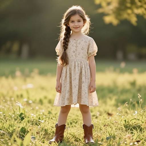 Photograph of a young girl with long braided brown hair, wearing a floral dress and brown boots, standing in a sunlit grassy field with
