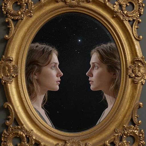 Photograph of a young woman with fair skin and brown hair, reflected in an ornate gold-framed oval mirror, against a starry black background
