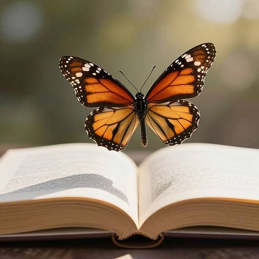 Photograph of a vibrant orange and black monarch butterfly perched on an open book, against a softly blurred green background.