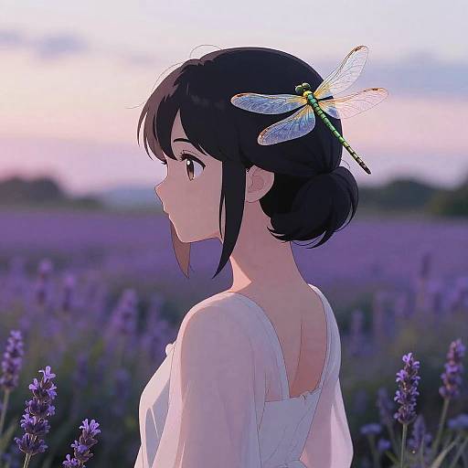 Anime-style drawing of a young woman with black hair, wearing a white dress, adorned with a dragonfly hairpin, standing in a lavender field at