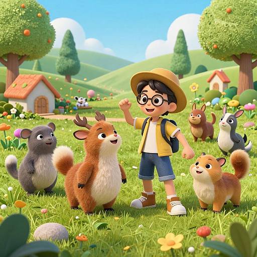 CGI illustration of a smiling boy with glasses and a hat, surrounded by cute, fluffy animals in a vibrant, sunny meadow with colorful flowers and
