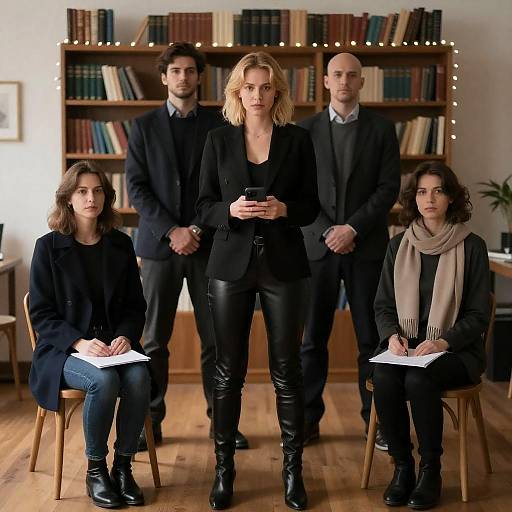 Serious Group Portrait with Bookshelf Background