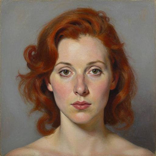 Realistic oil painting of a fair-skinned woman with red curly hair, green eyes, and pink lips, looking directly at the viewer.