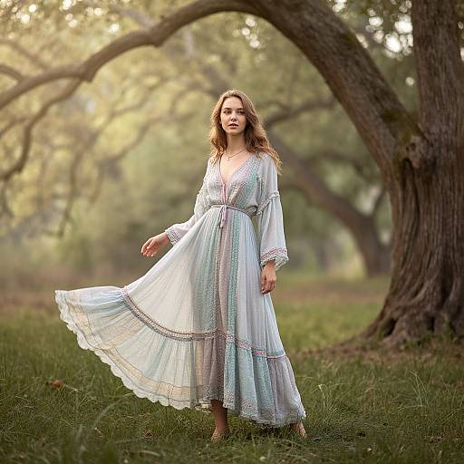Photograph of a young woman with wavy brown hair in a flowing, light blue, embroidered dress, standing in a sunlit forest, with a